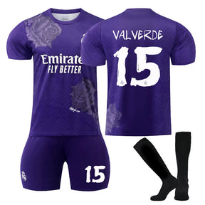 VALVERDE #15 Real Madrid CF Y3 Purple Soccer Jersey Kit Football T-shirt Set for Adult Kids