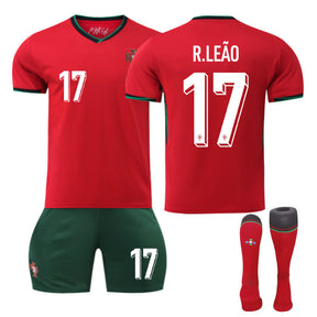 R.LEAO #17 Portugal Home Jersey Soccer Jersey Kit Football T-shirt Set for Adult Kids
