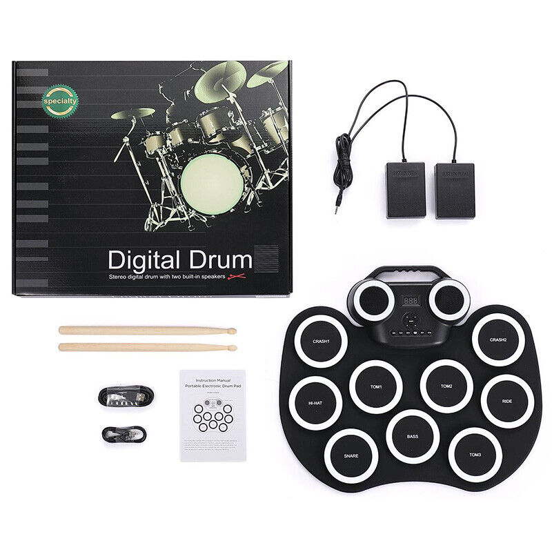 9 Pad Electronic Roll Up Drum Kit Flashing Bluetooth Electric Hand Roll Drum AU