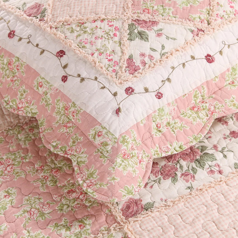 Luxury Quilted 100% Cotton Coverlet Bedspread Set Patchwork Quilt Queen King Size Bed 230x250cm Pink