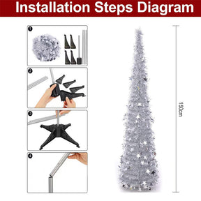 5Ft Prelit Christmas Tree Pop Up Pencil Tree Lightweight Easy to Store Holiday Xmas Party Decorations-SilverStar