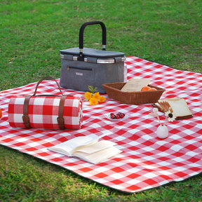 Foldable Waterproof Picnic Blanket for Outdoors with Luxury PU Leather Carrier, Large 3 Layered Picnic Rug Picnic Mat - Red