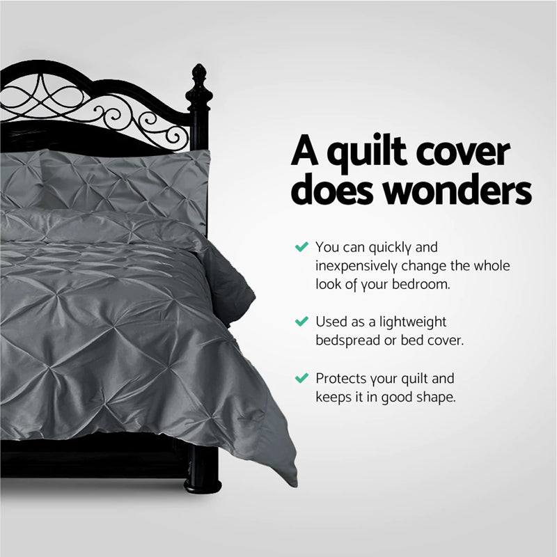 Giselle Bedding Pinch Pleat Diamond Duvet Doona Quilt Cover Set King Charcoal