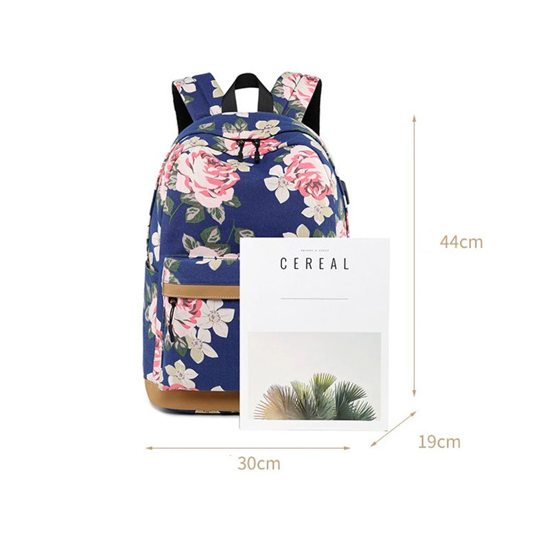 3pcs Girls Backpack Rucksack Travel Flower School USB Shoulder Bag