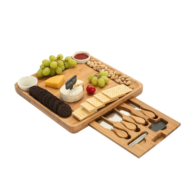 Natural Bamboo Cheese Board & Cutlery Set with Slide-Out Drawer and Knife Charcuterie Platter & Serving Tray