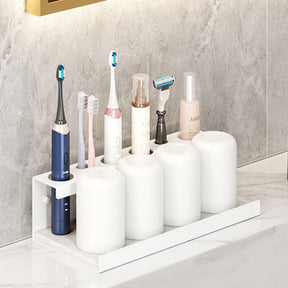 Electric Toothbrush Holder Self Adhesive 6 Slots with Diatomite Dish-White