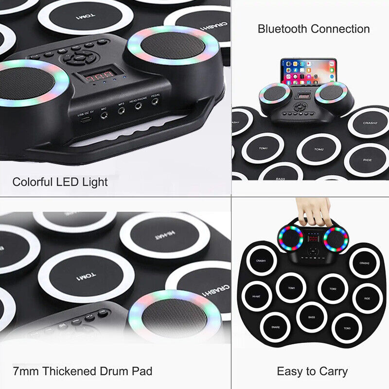 9 Pad Electronic Roll Up Drum Kit Flashing Bluetooth Electric Hand Roll Drum AU