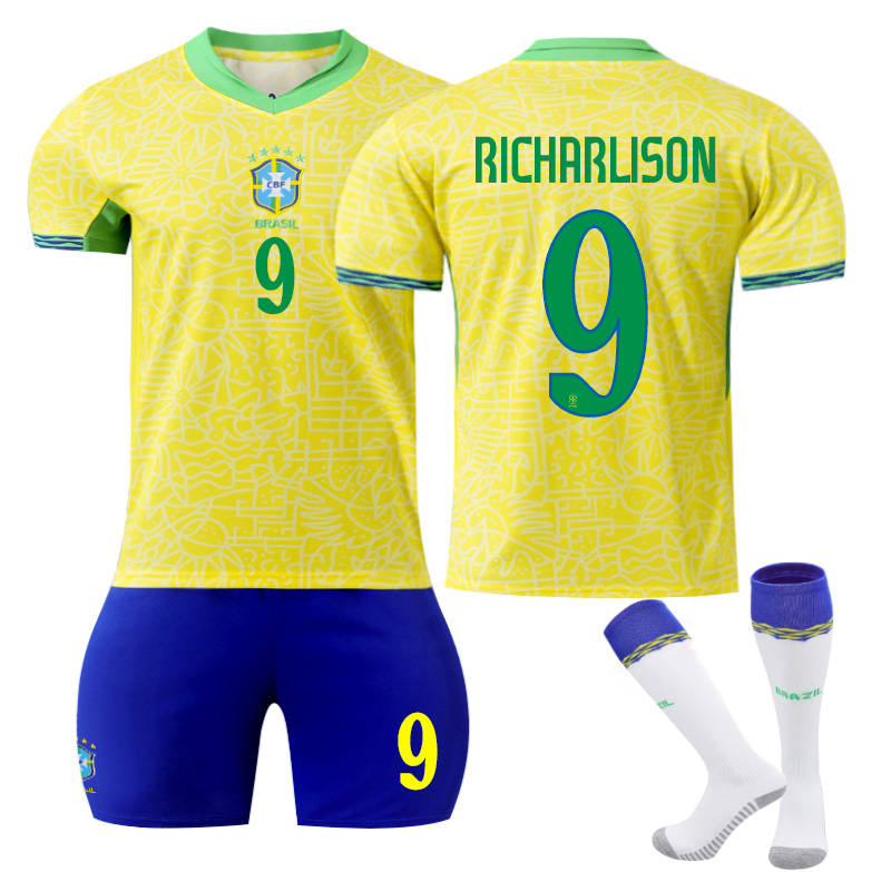 RICHARLISON #9 Brazilian Home Jersey Soccer Jersey Kit Football T-shirt Set for Adult Kids