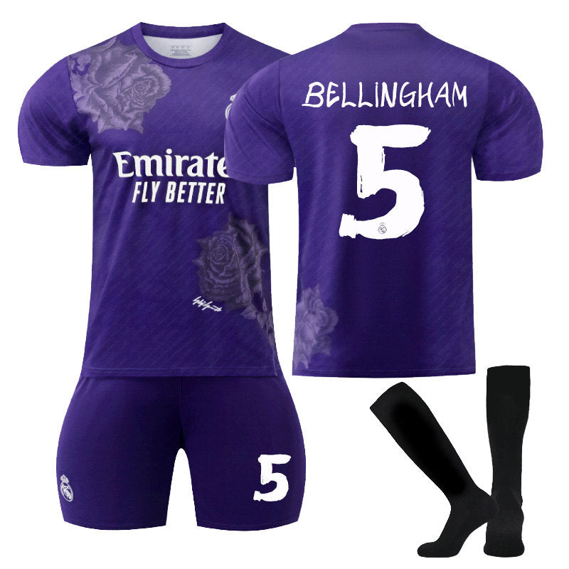 BELLINGHAM #5 Real Madrid CF Y3 Purple Soccer Jersey Kit Football T-shirt Set for Adult Kids