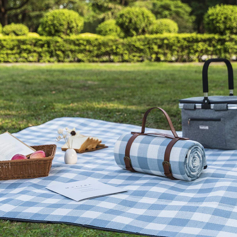 Foldable Waterproof Picnic Blanket for Outdoors with Luxury PU Leather Carrier Large 3 Layered Picnic Rug Mat - Blue Gingham