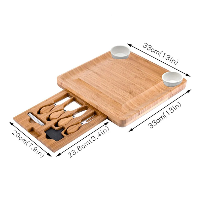 Natural Bamboo Cheese Board & Cutlery Set with Slide-Out Drawer and Knife Charcuterie Platter & Serving Tray