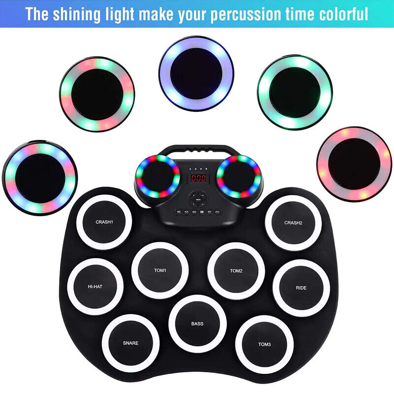 9 Pad Electronic Roll Up Drum Kit Flashing Bluetooth Electric Hand Roll Drum AU