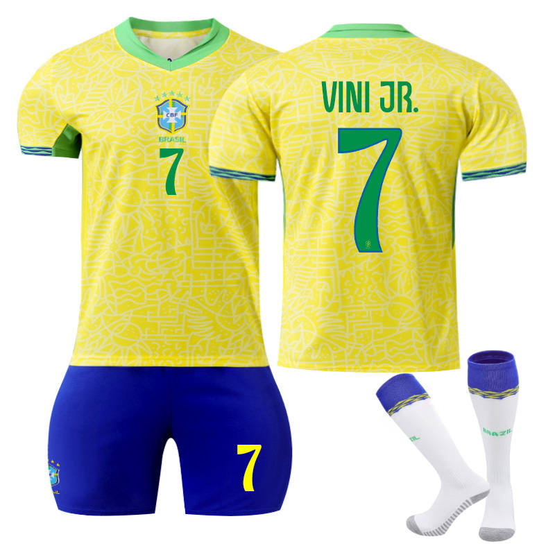 VINI JR. #7 Brazilian Home Jersey Soccer Jersey Kit Football T-shirt Set for Adult Kids