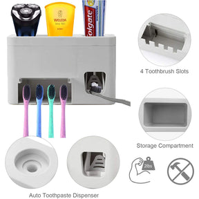 3-in-1 Wall Mounted Toothpaste Dispenser + Toothbrush Holder + Toothpaste Squeezer with Storage Grids Set in Bathroom