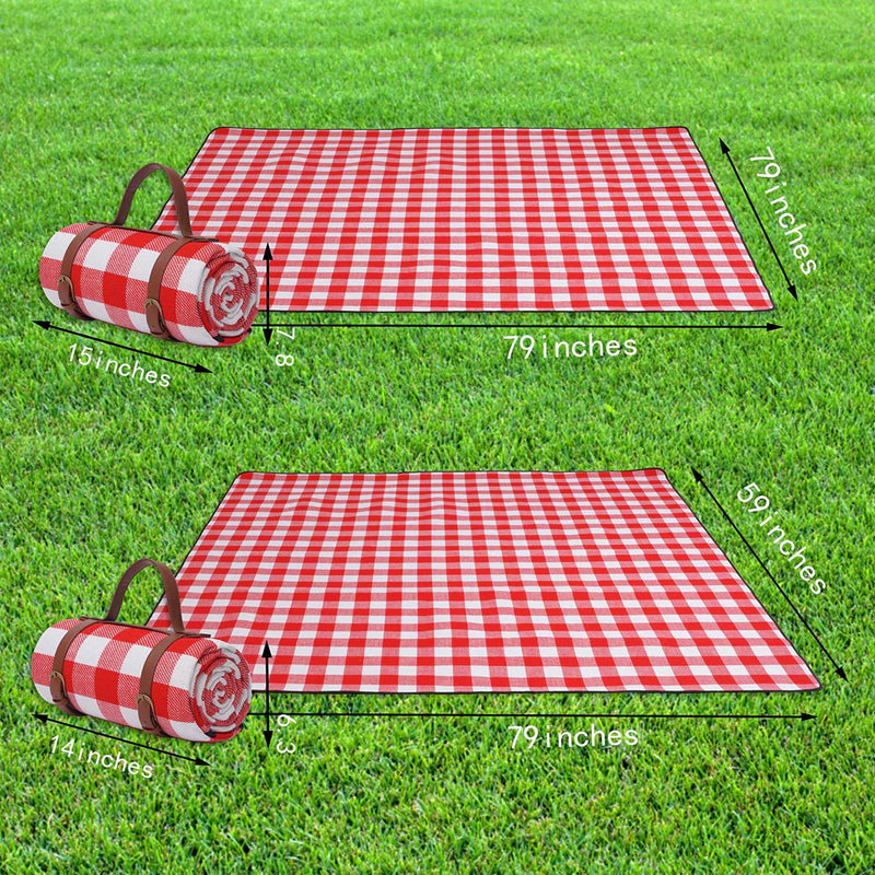 Foldable Waterproof Picnic Blanket for Outdoors with Luxury PU Leather Carrier, Large 3 Layered Picnic Rug Picnic Mat - Red