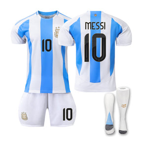 MESSI #10 Argentina Home Jersey Soccer Jersey Kit Football T-shirt Set for Adult Kids