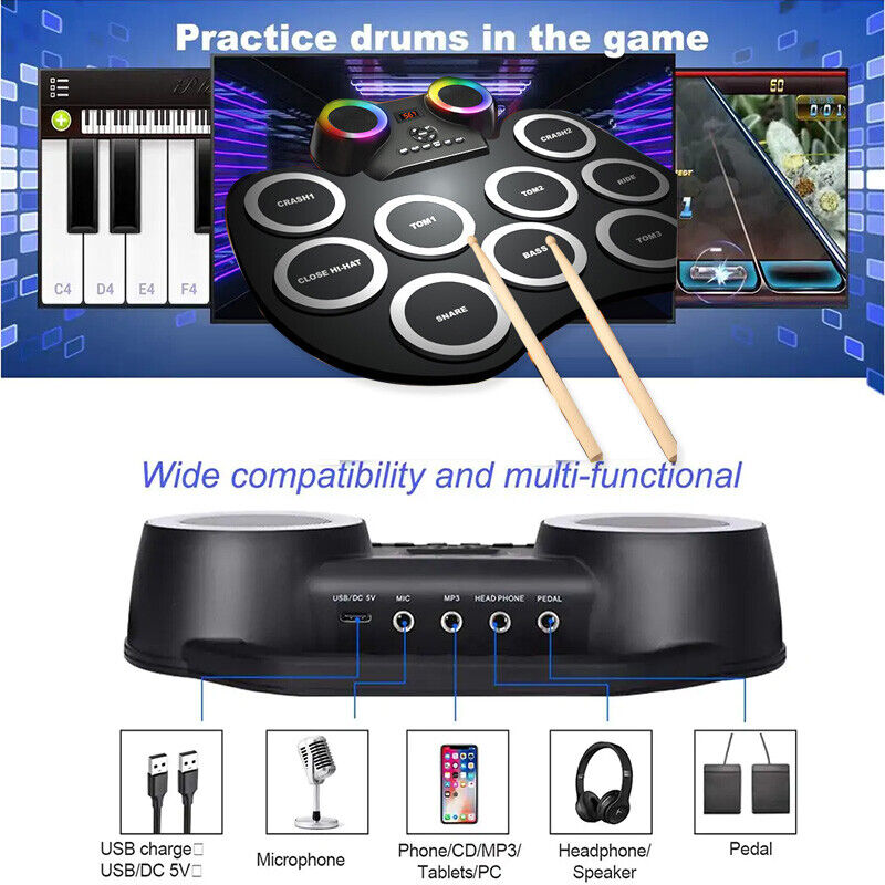 9 Pad Electronic Roll Up Drum Kit Flashing Bluetooth Electric Hand Roll Drum AU