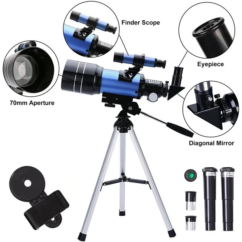 Telescope 70mm Aperture Refractor (15X-150X) with Remote for Adults & Kids-Blue