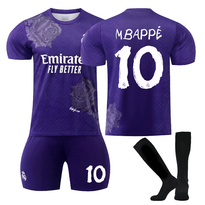 MBAPPE #10 Real Madrid CF Y3 Purple Soccer Jersey Kit Football T-shirt Set for Adult Kids