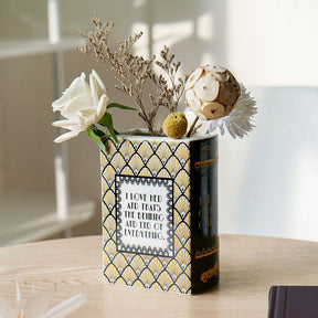 Book-Shaped Vase Ceramic Bookshelf Decor for Flowers & Book Lovers-Black Gold