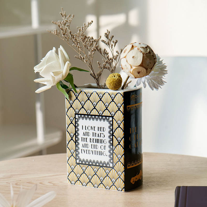 Book-Shaped Vase Ceramic Bookshelf Decor for Flowers & Book Lovers-Black Gold