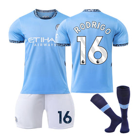 RODRIGO #16 Manchester City Club Home Jersey Soccer Jersey Kit Football T-shirt Set for Adult Kids