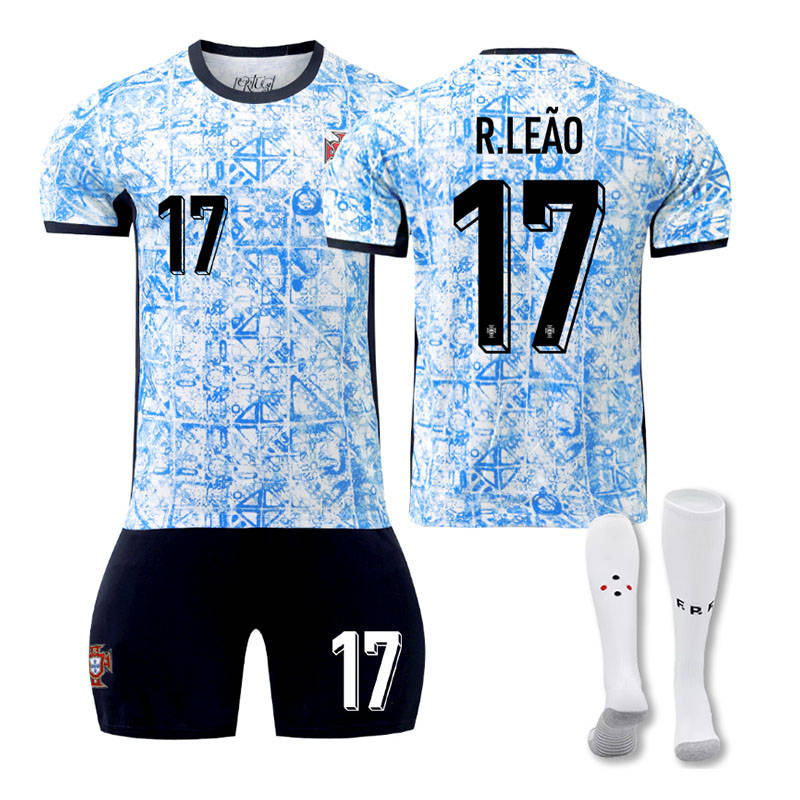 R.LEAO #17 Portugal Away Jersey Soccer Jersey Kit Football T-shirt Set for Adult Kids