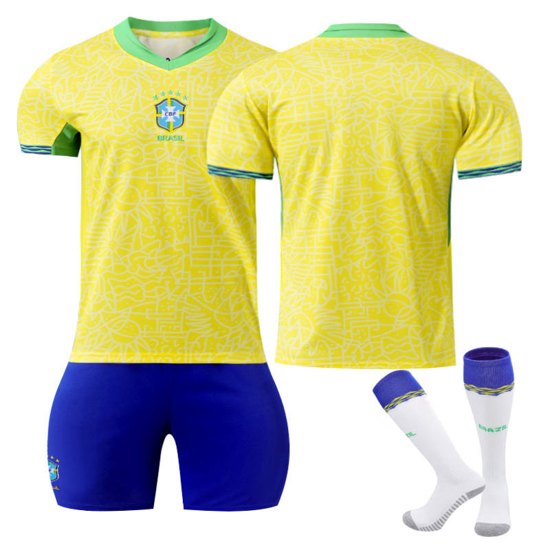 Brazilian Home Jersey Soccer Jersey Kit Football T-shirt Set for Adult Kids