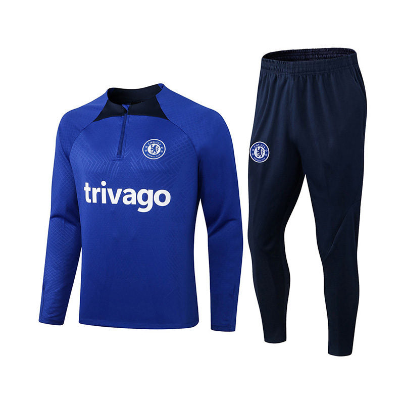 Chelsea Soccer Suit Football Training Suit with Long Sleeves Half Zipper for Kids Adult-Blue