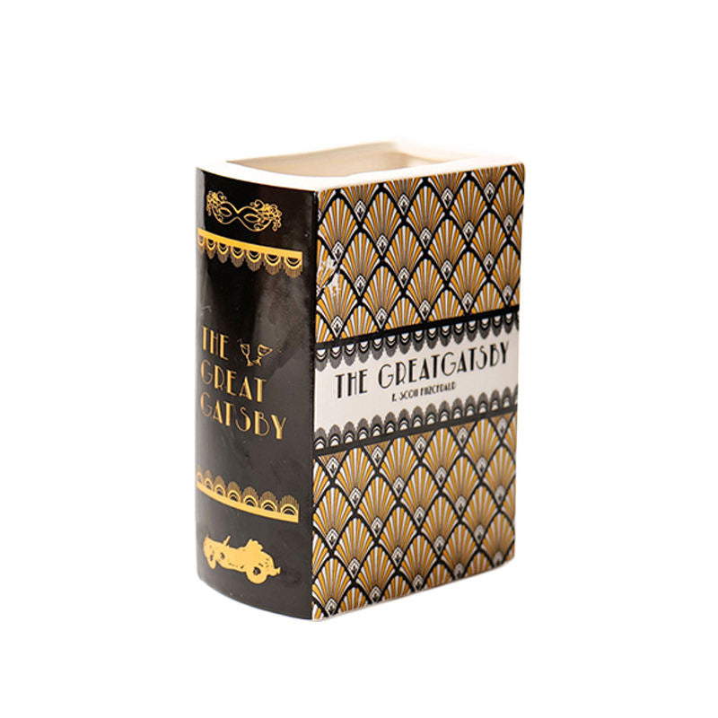 Book-Shaped Vase Ceramic Bookshelf Decor for Flowers & Book Lovers-Black Gold