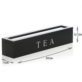 Tea Box Wooden with 6 Compartments for Tea Bags/ Small Items-Black