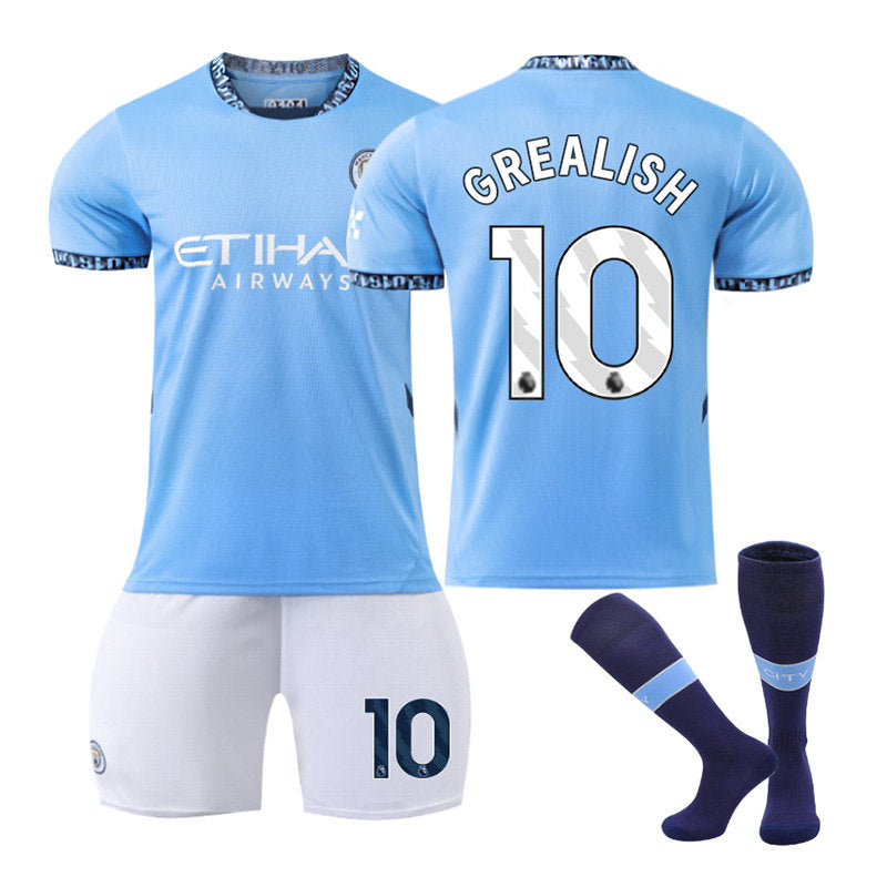 GREALISH #10 Manchester City Club Home Jersey Soccer Jersey Kit Football T-shirt Set for Adult Kids