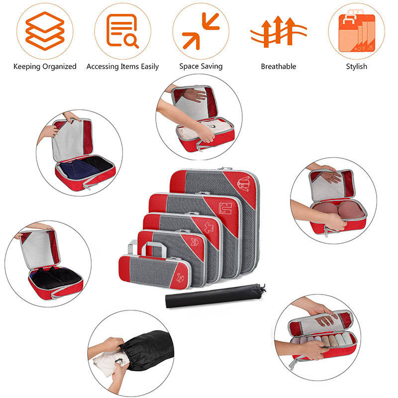 6 Pcs Compression Packing Cubes Expandable Organiser for Travel-Red