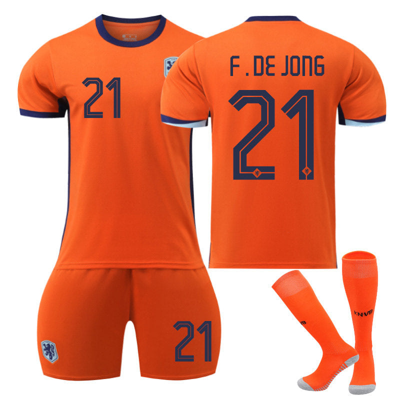 F.DE.JONG #21 Netherlands Home Jersey Soccer Jersey Kit Football T-shirt Set for Adult Kids