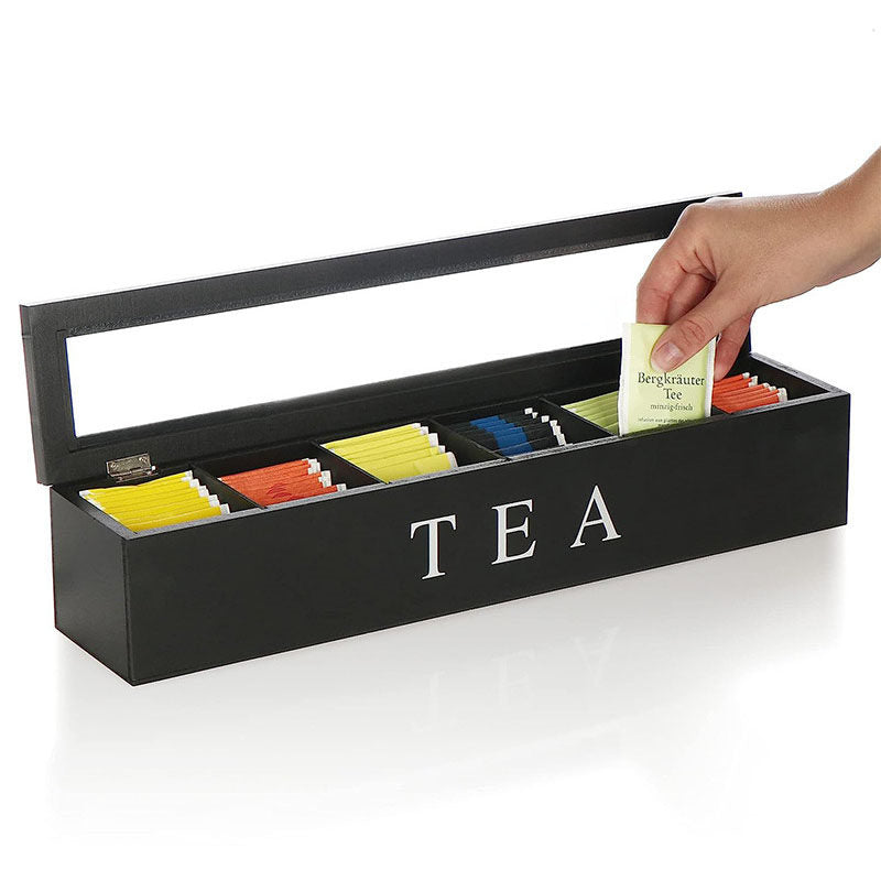 Tea Box Wooden with 6 Compartments for Tea Bags/ Small Items-Black