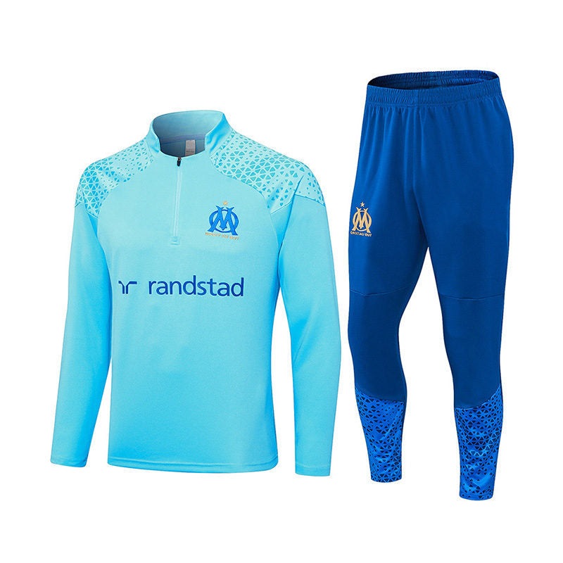 Marseille Soccer Suit Football Training Suit with Long Sleeves Half Zipper for Kids Adult-LightBlue