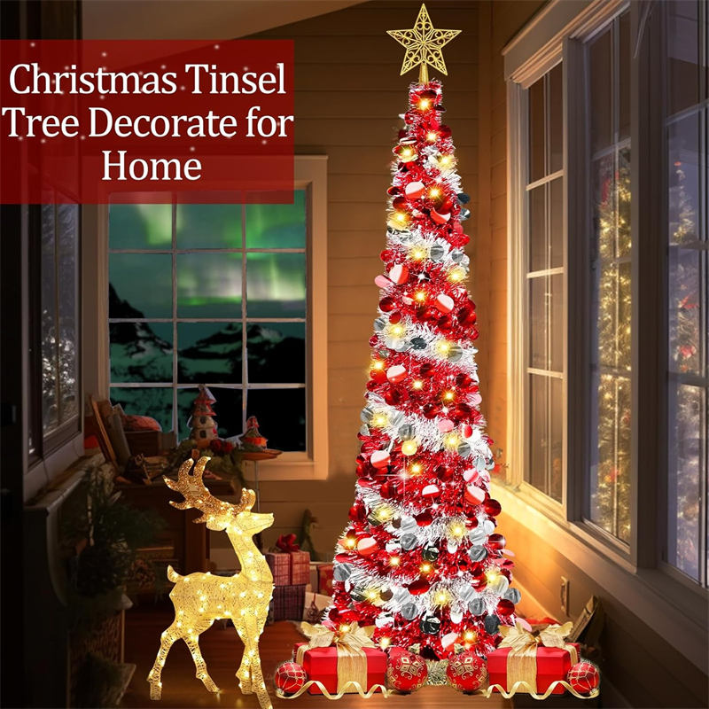 5Ft Prelit Christmas Tree Pop Up Pencil Tree Lightweight Easy to Store Holiday Xmas Party Decorations-RedWhite