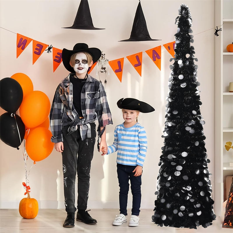 5 Ft Black Artificial Halloween Tree Pop Up Tinsel Christmas Tree with Round Sequin for Indoor Outdoor Home Party