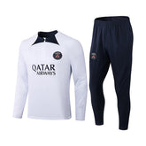 Paris SoccerJersey Football Training Suit with Long Sleeves Half Zipper for Kids Adults-White