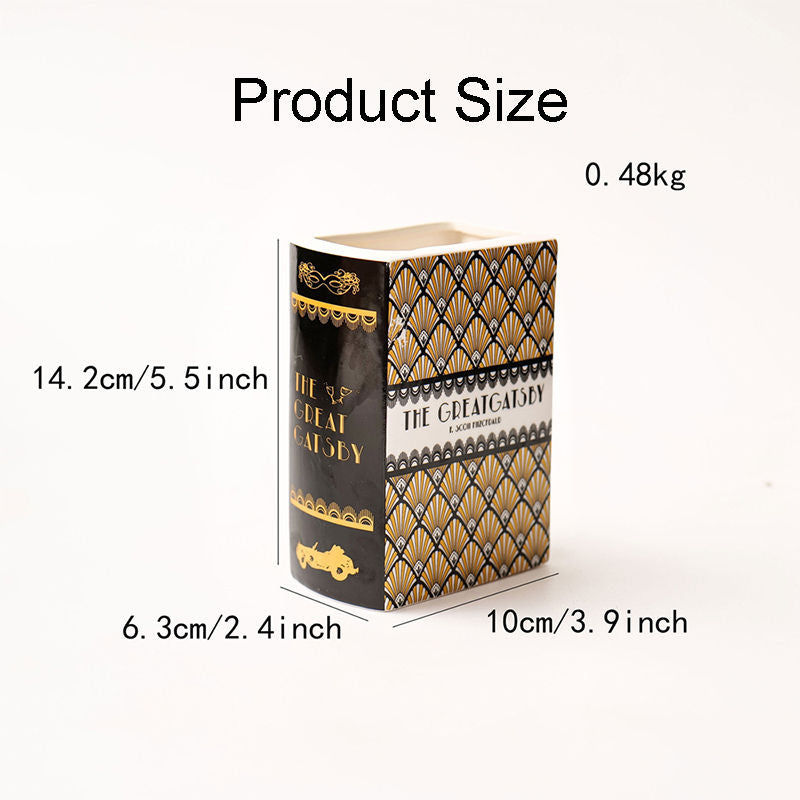 Book-Shaped Vase Ceramic Bookshelf Decor for Flowers & Book Lovers-Black Gold