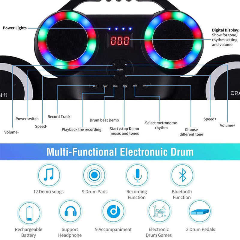 Portable Hand Roll Electronic Drum with Colorful Lights for Beginner-Black White