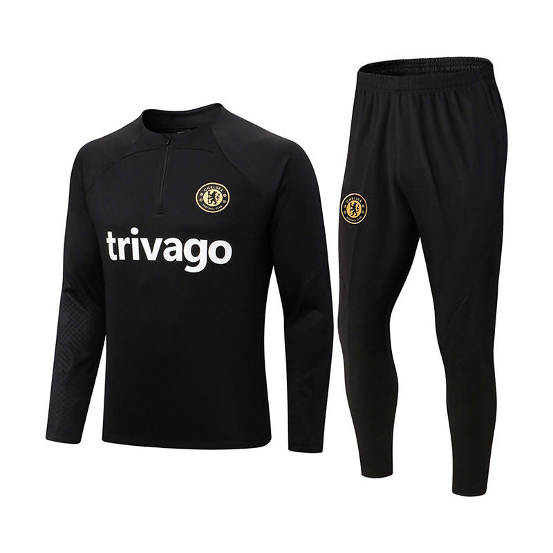 Chelsea Soccer Jersey Football Training Suit with Long Sleeves Half Zipper for Adults-Black