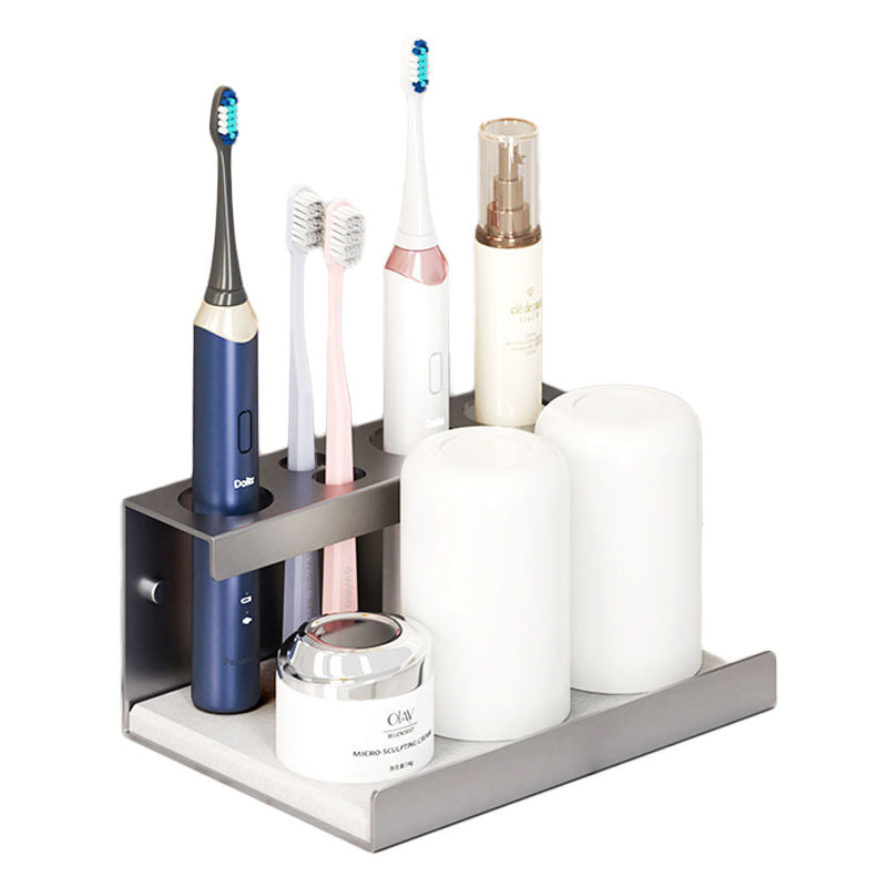 Electric Toothbrush Holder Self Adhesive 4 Slots with Diatomite Dish-Grey
