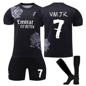 VINI JR. #7 Real Madrid CF Y3 Black Soccer Jersey Kit Football T-shirt Set for Adult Kids