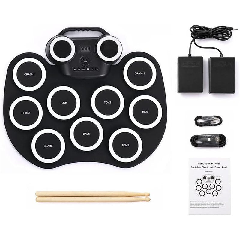 Portable Hand Roll Electronic Drum with Colorful Lights for Beginner-Black White