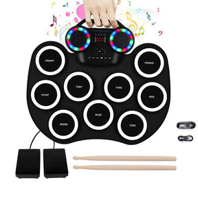 Portable Hand Roll Electronic Drum with Colorful Lights for Beginner-Black White