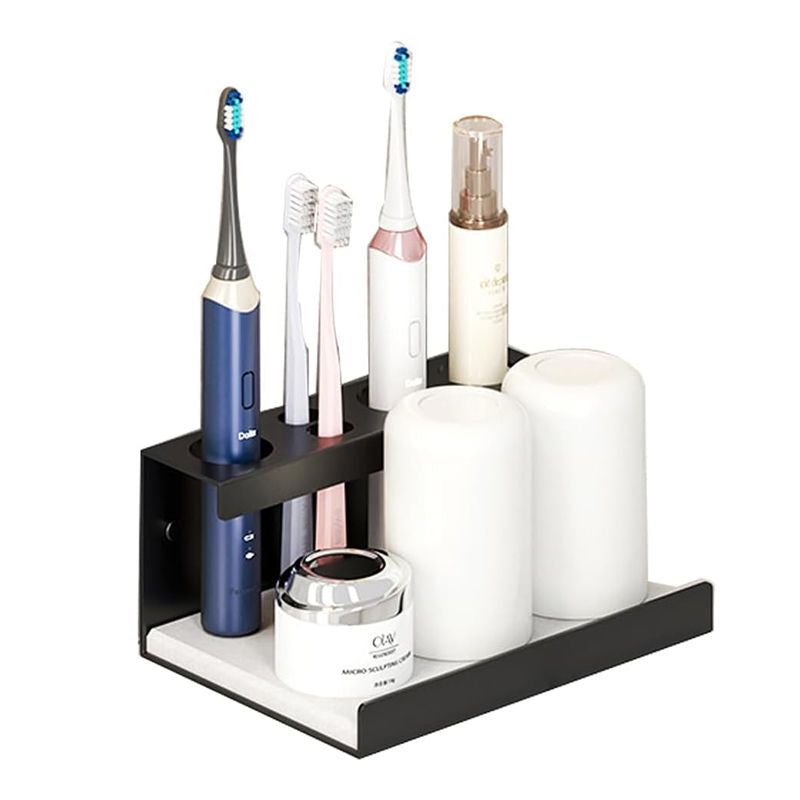 Electric Toothbrush Holder Self Adhesive 4 Slots with Diatomite Dish-Black