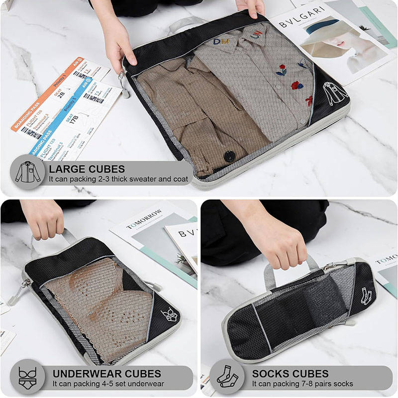 6 Pcs Compression Packing Cubes Expandable Organiser for Travel-Black