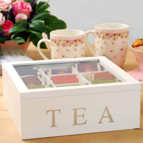 Wooden Tea Storage Box with 9 Compartments & Transparent Lid