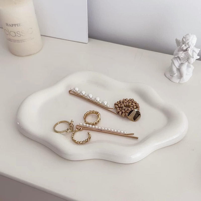 Ceramic Jewelry Tray for Ring Key Trinket Cloud Shape Small Plate-White